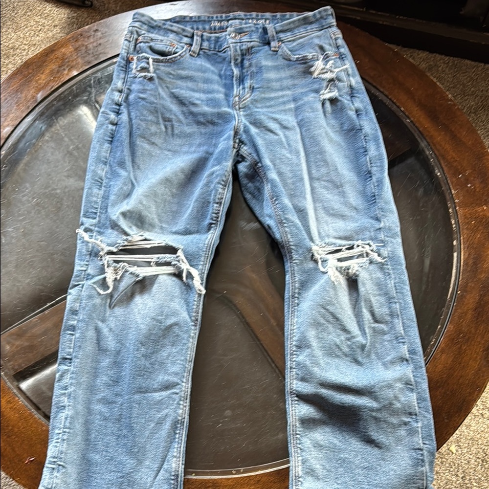 American Eagle Outfitters Blue Distressed Straight Leg Jeans Extra Short